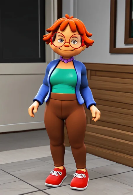 1girl, solo, 3d, ginger hair, red round glasses, purple necklace, green top, blue open jacket, brown leggings, red shoes, standing, looking at viewer, smiling