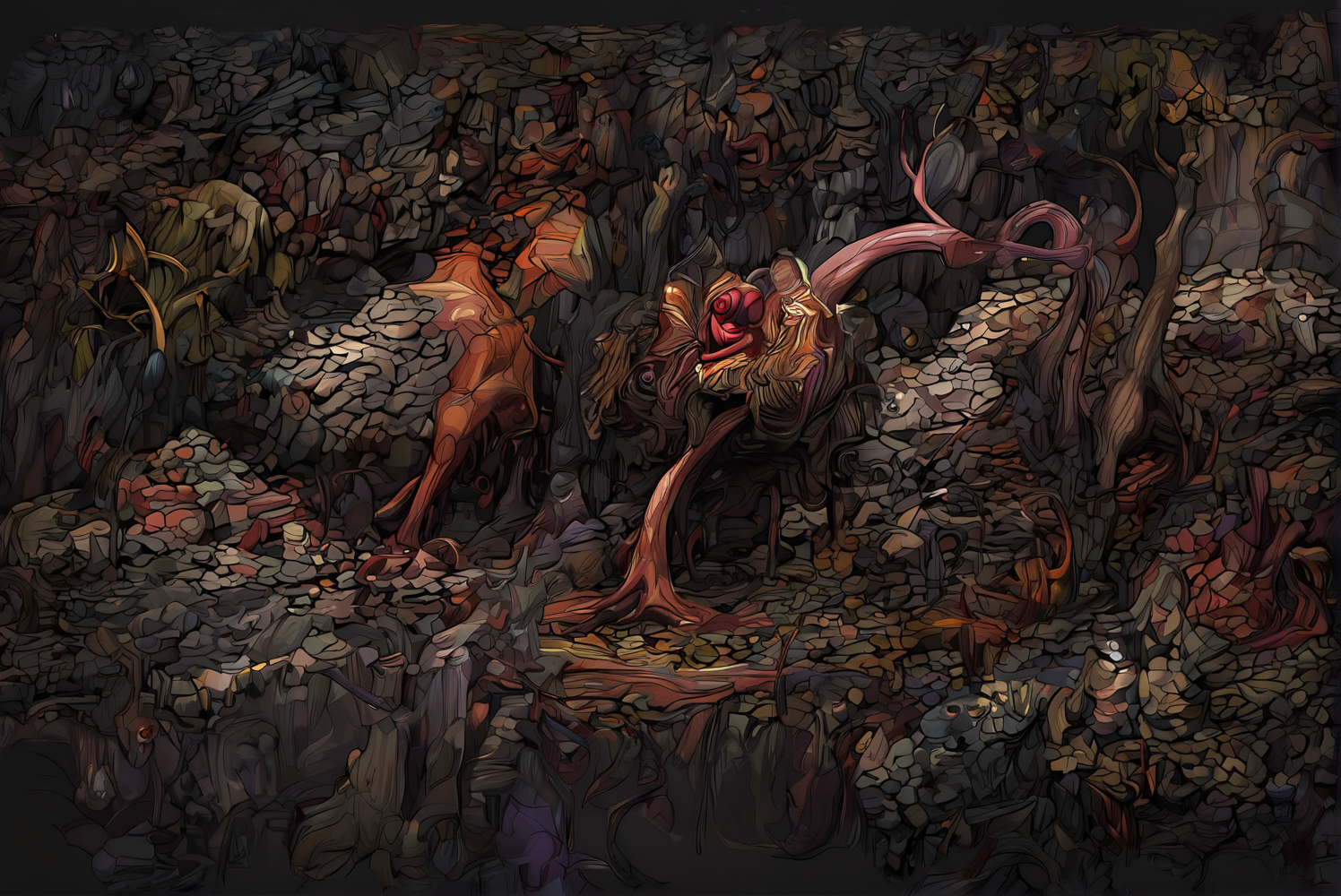 score_9, 
<lora:disco_elysium_v1_pruned>, de_thought, grey theme, 
tree, forest, 
high resolution, Masterpiece