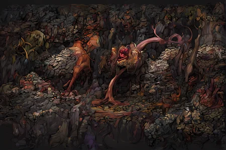 score_9, 
<lora:disco_elysium_v1_pruned>, de_thought, grey theme, 
tree, forest, 
high resolution, Masterpiece