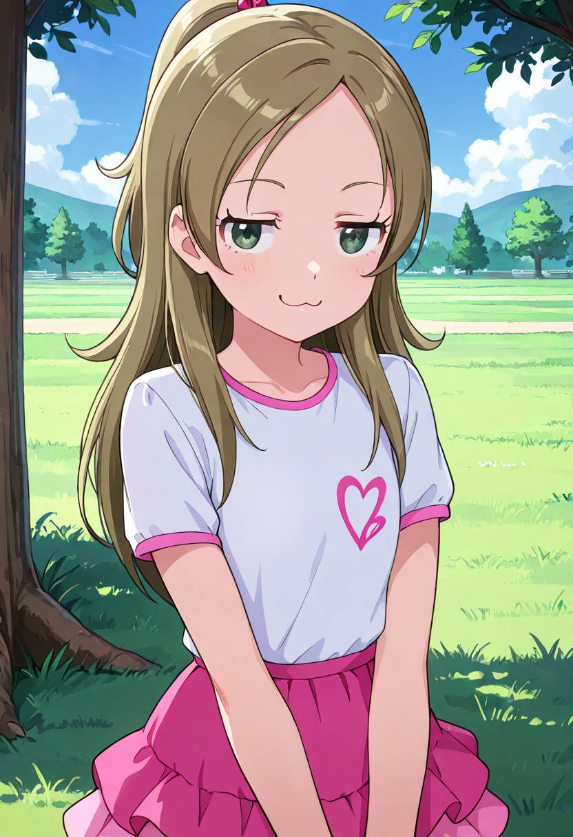 masterpiece, best quality, absurdres, very aesthetic, general,
minamino kanade, csalsmmr, :3, 1girl, brown hair, solo, smile, day, blonde hair, grass, cloud, smug, looking at viewer, jitome, white shirt, outdoors, smirk, upper body, t-shirt, very long hair, blue sky, tree, v arms, short sleeves, half updo, eyelashes, print shirt, heart print, pink skirt, miniskirt, layered skirt, frilled skirt, green eyes, 
 <lora:cure_rhythm_minamino_kanade_illustXL_locon_v1:0.7>