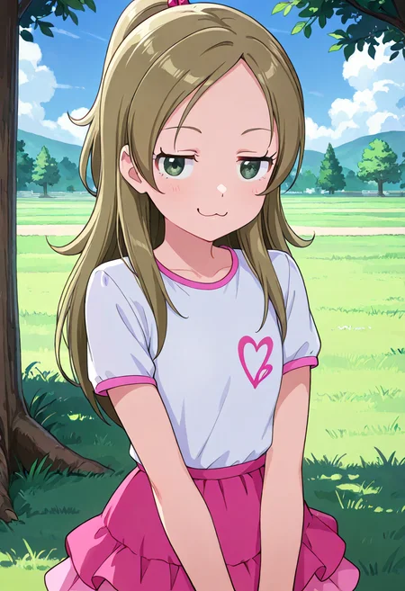 masterpiece, best quality, absurdres, very aesthetic, general,
minamino kanade, csalsmmr, :3, 1girl, brown hair, solo, smile, day, blonde hair, grass, cloud, smug, looking at viewer, jitome, white shirt, outdoors, smirk, upper body, t-shirt, very long hair, blue sky, tree, v arms, short sleeves, half updo, eyelashes, print shirt, heart print, pink skirt, miniskirt, layered skirt, frilled skirt, green eyes,
<lora:cure_rhythm_minamino_kanade_illustXL_locon_v1:0.7>