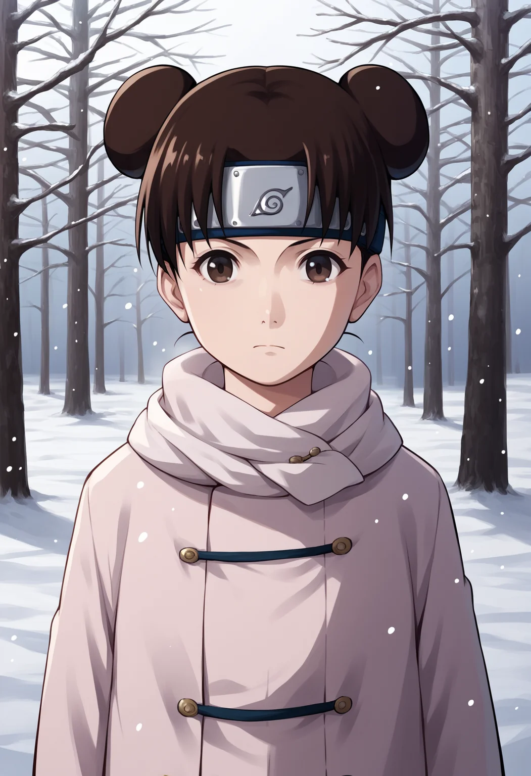 score_9, score_8_up, score_7_up, score_6_up, score_5_up, score_4_up, BREAK, source_anime,
1girl, ytenten, brown eyes, brown hair, short hair, double bun, forehead protector, konohagakure symbol,
winter clothes, white scarf, coat,
expressionless, looking at viewer, outdoors, snow, snowing, solo, tree, winter <lora:TentenGeninXL:1>