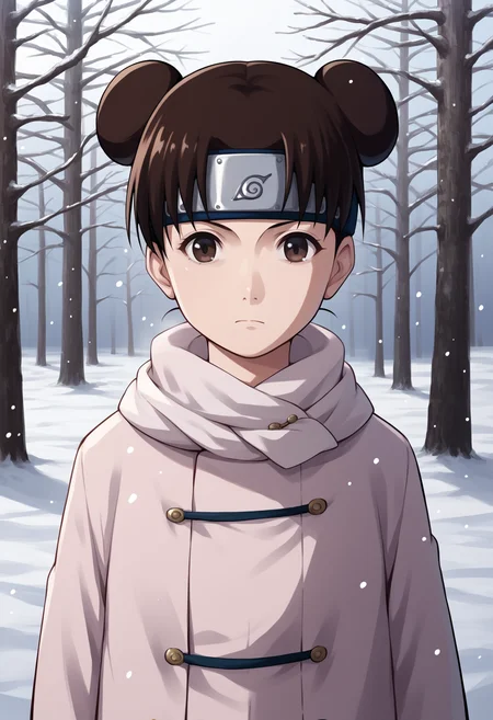 score_9, score_8_up, score_7_up, score_6_up, score_5_up, score_4_up, BREAK, source_anime,
1girl, ytenten, brown eyes, brown hair, short hair, double bun, forehead protector, konohagakure symbol,
winter clothes, white scarf, coat,
expressionless, looking at viewer, outdoors, snow, snowing, solo, tree, winter <lora:TentenGeninXL:1>