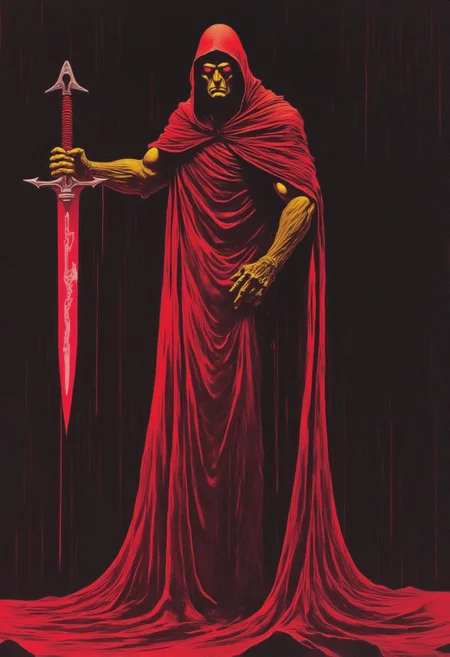 DNdGr41nyB0yz style, Dark fantasy illustration of a VAMPIRE wielding a Large Energy sword, grainy, noise, 1970s dark cyberpunk book cover paper art dungeons and dragons style drawing, red theme