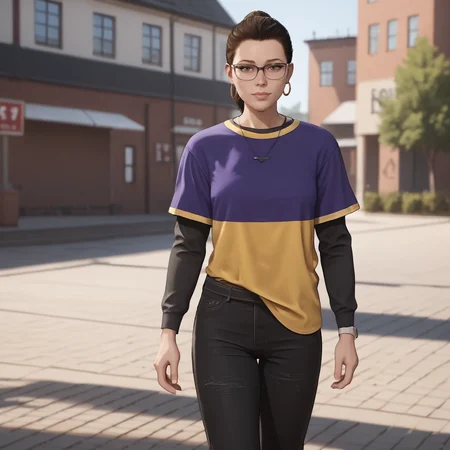 <lora:batgirlgothamknights_pony_v1:.8> BarbaraGothamKnights, glasses, shirt, short over long sleeves, jewelry, short sleeves, 1girl, black pants, layered sleeves, black hair, hoop earrings