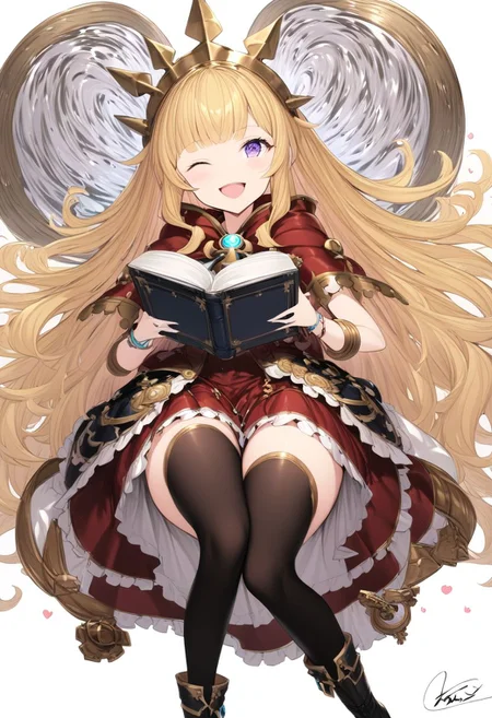 masterpiece, best quality, ultra-detailed, beautiful, nai3, 1girl, solo, full_body, tachi-e, 
cagliostro \(granblue fantasy\), 1girl, ;d, arm guards, black footwear, black thighhighs, blonde hair, blunt bangs, blush, book, boots, bracelet, cape, full body, glowing, heart, holding, holding book, jewelry, knee boots, knees together feet apart, liquid, long hair, looking at viewer, one eye closed, open book, open mouth, purple eyes, red ribbon, red skirt, ribbon, signature, simple background, skirt, smile, solo, test tube, thighhighs, v, very long hair, white background