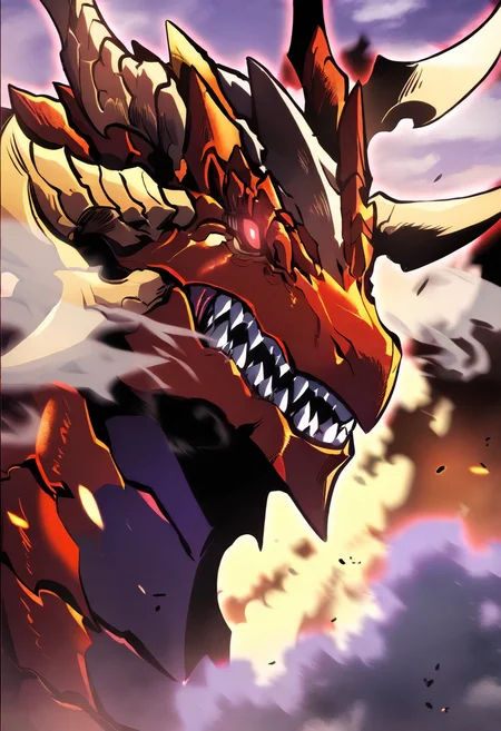 8K, depth of field, focused subject, best quality, <lora:solo_leveling_by_readandsign_fin-000014:1>,
rf64u, dragon, red eyes, horns, sky, teeth, cloud, no humans, glowing, sharp teeth, glowing eyes, smoke, monster