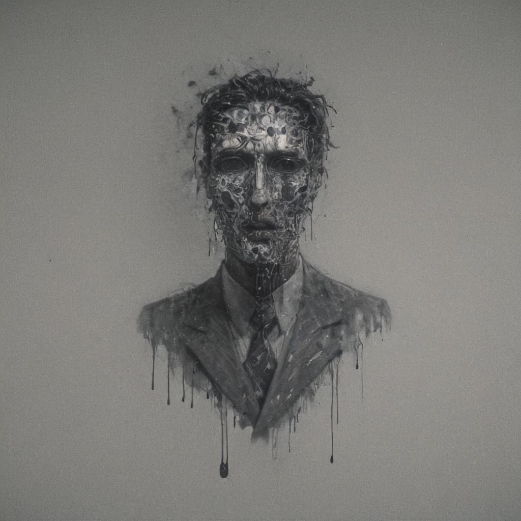 A hollow body, emerging from the neck a soul of light, the one that replaces what was once the man inside the suit and tie: and it hasn't. Nothing can replace it, yet the corporate logos, the Pepsi, the Coke, the Nintendos and so on speak through its neck and somewhere in the static, like an enigmatic face pressed against a saran wrap wall, it screams. And you see it there, late at night in the mirror: he is alive in there in the screaming thing that wakes into television and presses into its pillow like death like death like all that has wept and long gone down into the grave of night, the one that never sleeps now, and besides, the light stays on in the daytime too