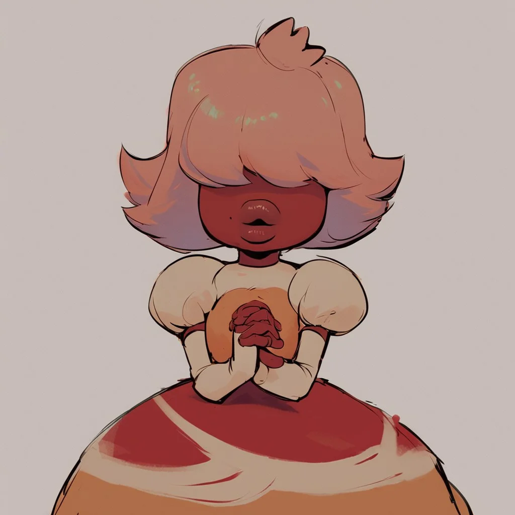 padparadscha, colored skin, peach hair, lips, v arms, dress, puffy shoulders, half body, elbow gloves, hands together, hair over eyes,
front facing, :O,
1girl, solo,
score_6, score_6_up, score_7, score_7_up,