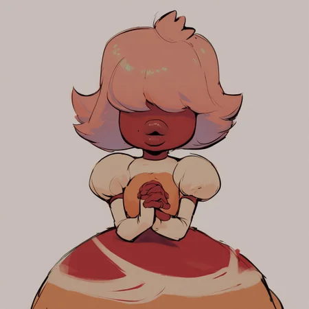 padparadscha, colored skin, peach hair, lips, v arms, dress, puffy shoulders, half body, elbow gloves, hands together, hair over eyes,
front facing, :O,
1girl, solo,
score_6, score_6_up, score_7, score_7_up,