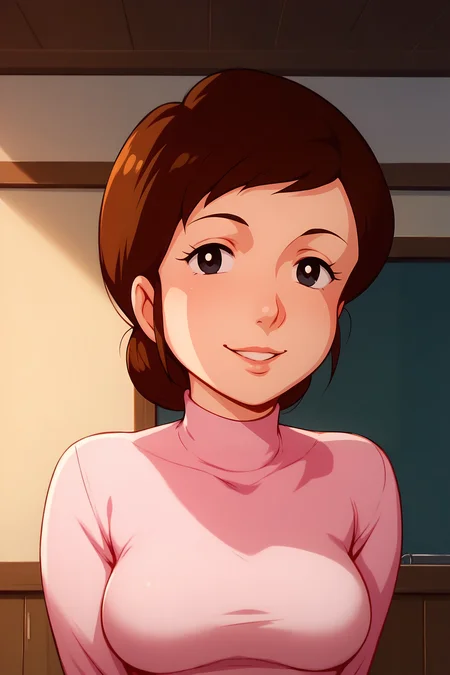 score_9, score_8_up, score_7_up, score_6_up, BREAK, AtaruMotherUYXL, black eyes, brown hair, short hair, medium breasts, turtleneck, pink shirt, long sleeves, solo, front view, (portrait, upper body), solo focus, seductive smile, looking at viewer, indoors <lora:AtaruMotherUYXL:1>