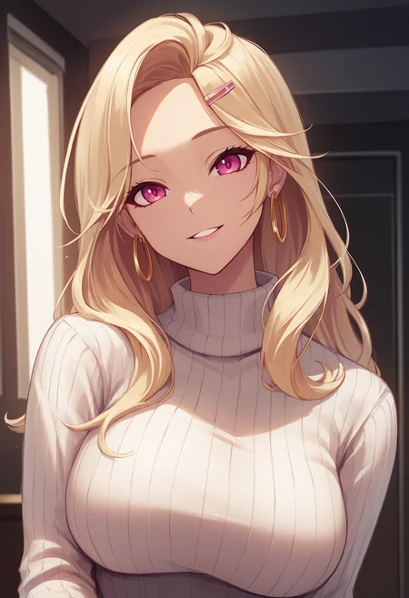 score_9, score_8_up, score_7_up, source_anime BREAK 1girl, solo, <lora:ein-nikke-richy-v1_pdxl:1> nnkk, pink eyes, blonde hair, long hair, hairclip, hoop earrings, looking at viewer, large breasts, turtleneck sweater, white sweater, ribbed sweater, parted lips, smile, indoors, black background