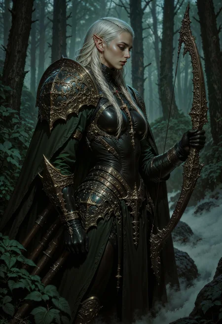 a highly detailed image of an elf archer standing in a dense, misty forest. She has long, platinum blonde hair, pointy ears, and a serious expression. She wears intricate, dark green and black armor with ornate designs, including shoulder plates and gauntlets. Her bow is elaborate, with a dark, metallic finish and decorative elements. The background features tall, blurred trees, enhancing the mystical atmosphere.
<lora:flux.1_lora_flyway_Epic-detail_v2:0.85> <lora:FluxMythAn1meL1nes:0.8> <lora:MoriiMee_Gothic_Niji_Style__FLUX_LoRA_Test_2:0.65>