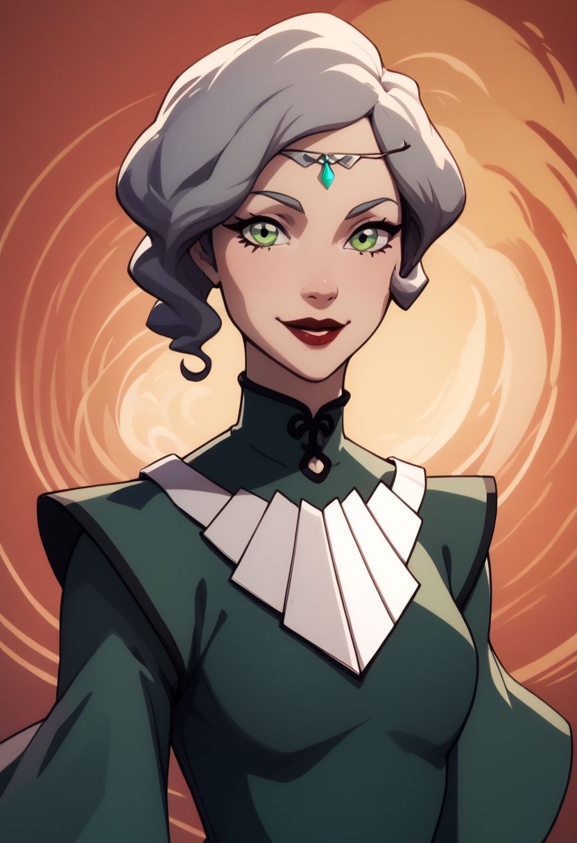 score_9, score_8_up, score_8, medium breasts, (curvy), cute, eyelashes,     
rating safe, 
BREAK, 
aaSuyinBeiFong, short hair, grey hair, green dress, neck plating,  lipstick, red lips,
,BREAK, 
smile, looking at viewer, upper body, 
abstract background, 
zPDXL, Expressiveh