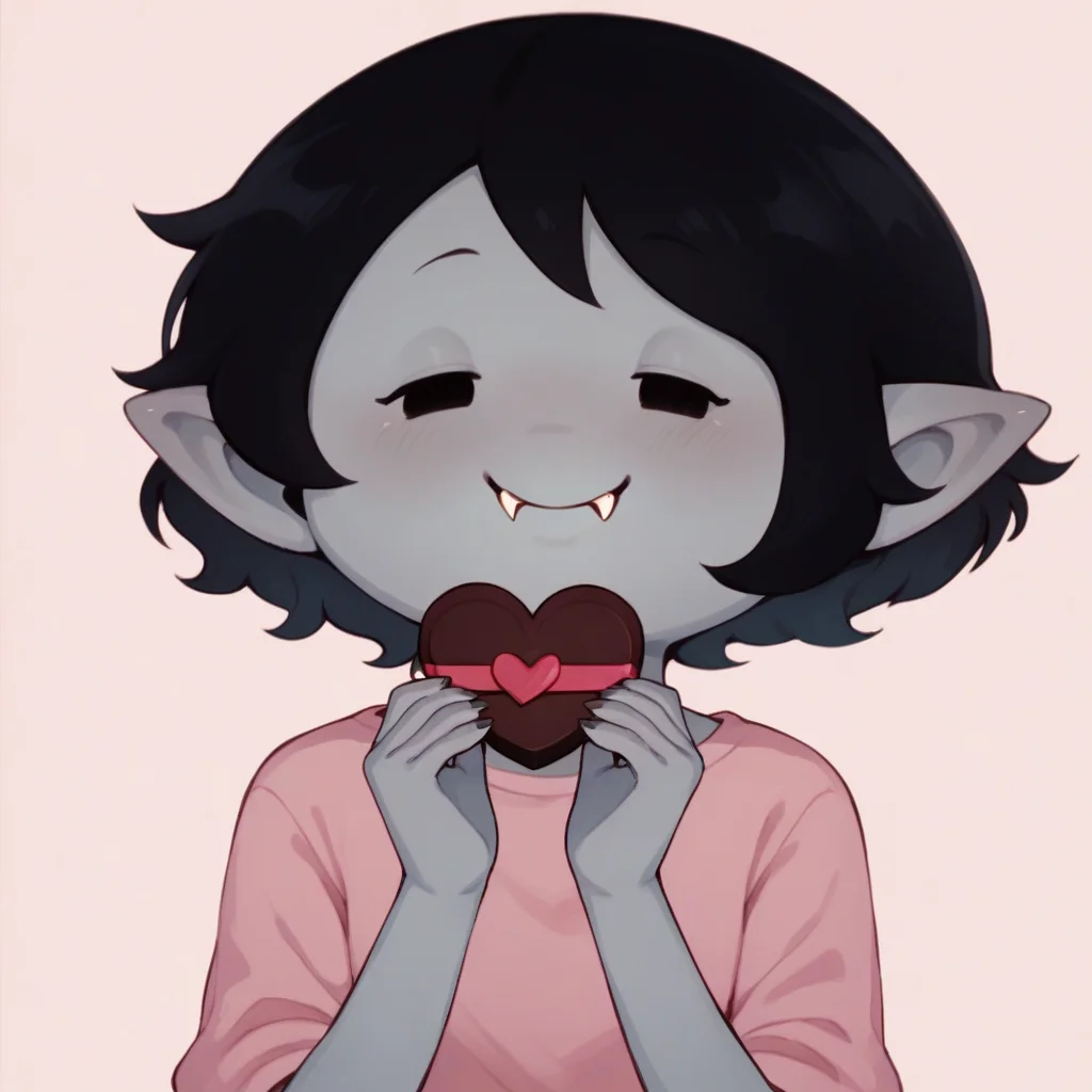 score_9, score_8_up, score_7_up, BREAK furry female, holding heart-shaped chocolate, smile, blush, half-closed eyes, pink shirt, happy valentine, <lora:marci:1> marci, grey skin, black hair, short hair, dot eyes, vampire fangs, pointy ears,
