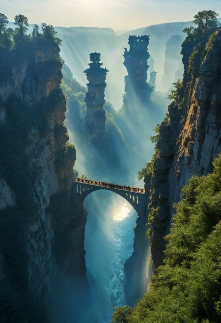 towers ringed in mist, sunrays, mixed media, surrealism, fantasy, great lighting, A surreal landscape highly detailed, extremely high-resolution details, appears trapped in an optical illusion of reflections and refractions colorful, Zhangjiajie mountains, Vienna in contemporary Austria, stone bridges, winding rivers extending to the horizon, professional photography, natural lighting, volumetric lighting maximalist. vivid, vibrant colors, intricately detailed, complex, elegant, expansive, fantastical, film photography style, medium grain, cmnt
(8k uhd:1,4)