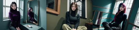 (otherworldly), highly insanely detailed, masterpiece, top quality, best quality, highres, 4k, 8k, RAW photo, (very aesthetic, beautiful and aesthetic),
1girl, asian female, facing viewer, turtleneck, pants,
<lora:MM5-v1:0>, blue wall, window, sitting, Magic Mirror Car, MM5, indoors,
1girl, solo,
(__lazy-wildcards/char/haircolor__),âââ