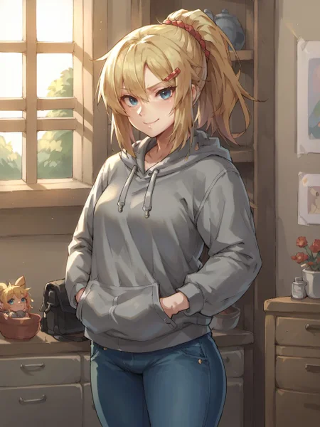 score_9, score_8_up, score_7_up, mikoyanstyle,
1girl, solo, long hair, looking at viewer, smile, hair ornament, long sleeves, closed mouth, blue eyes, standing, ponytail, hairclip, indoors, hood, blonde hair, hoodie, hood down, smug, grey hoodie, jeans,
<lora:mikoyan_style_v1:1>,
<lora:fix_hands:1.5>