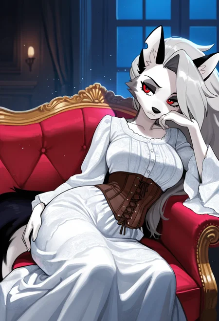 furry, loona, masterpiece, best quality, amazing quality, ultra detailed, solo, 1girl, adult, long dress, wide sleeves, ornate dress, corset, victorian dress, sitting, armchair, brocade, reclining, leaning on side, chin down proud, indoors, night, particles, cowboy shot,