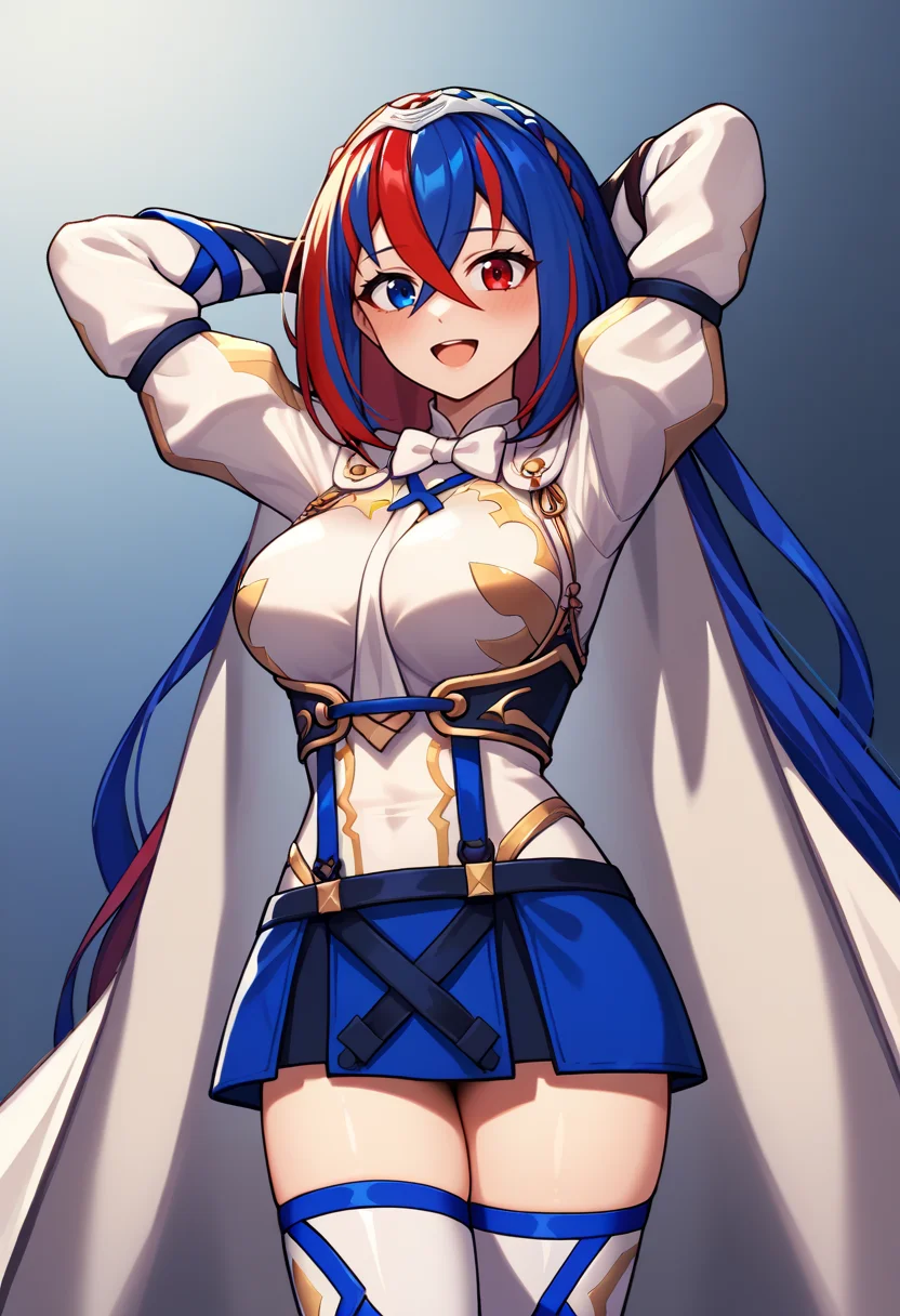 score_9, score_8_up, score_8_up, source_anime BREAK 1girl, solo, <lora:alear-fe-richy-v1_pdxl:1> aleardef, heterochromia, blue eyes, red eyes, multicolored hair, red hair, blue hair, braid, crossed bangs, very long hair, tiara, bowtie, armor, suspenders, blue skirt, gloves, thighhighs, cape, standing, looking at viewer, large breasts, looking at viewer, blush, smile, open mouth, puffy sleeves, arms behind head