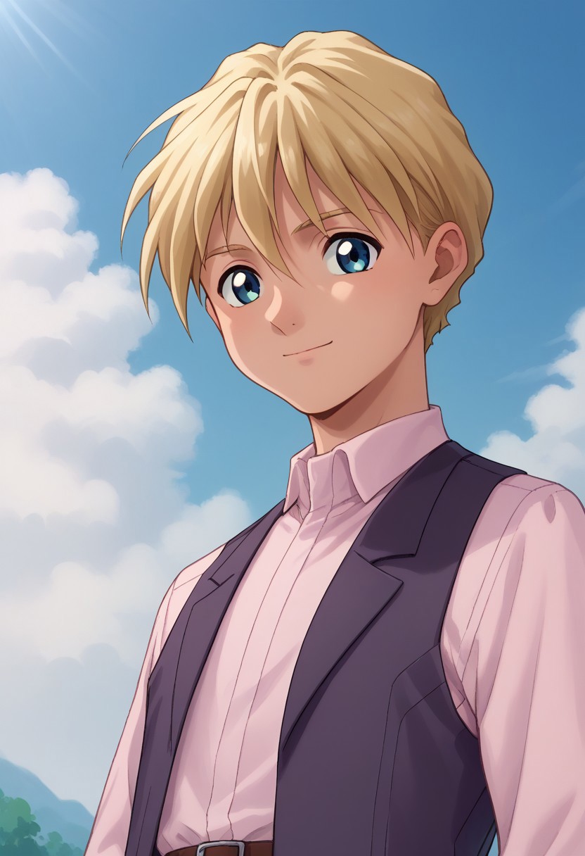 score_9, score_8_up, score_7_up, source_anime, highly detailed, 
raberba, solo, blonde hair, 1boy, male focus, brown pants, blue eyes, pants, upper body, shirt, standing, vest, purple vest, long sleeves, looking at viewer, pink shirt, short hair,  closed mouth, belt, smile
outside, sky,