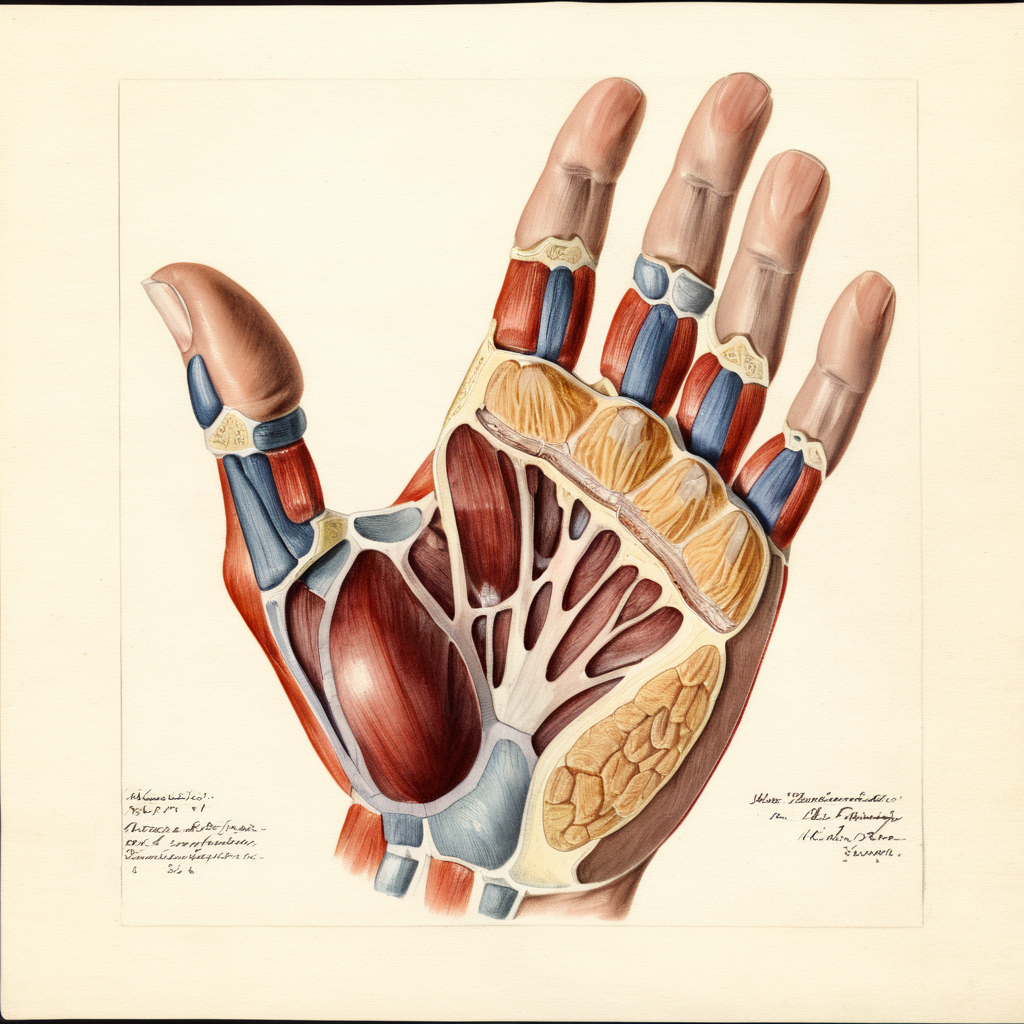 illustrative drawing of a ANATOMY OF A human hand, half,  pomological watercolor <lora:PomologicalConfig4DebWITHTE4RP:1>