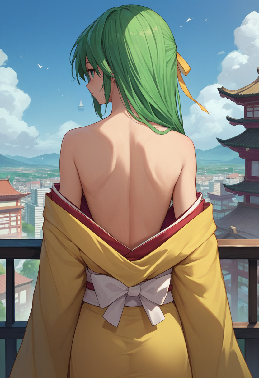 score_9, score_8_up, score_7_up, source_anime, 1girl,   sonozaki shion, green hair, long hair, green eyes, yellow ribbon, kimono, off shoulder, from behind, shoulder blades, cityscape,    <lora:Shion V3_1-000005:1>