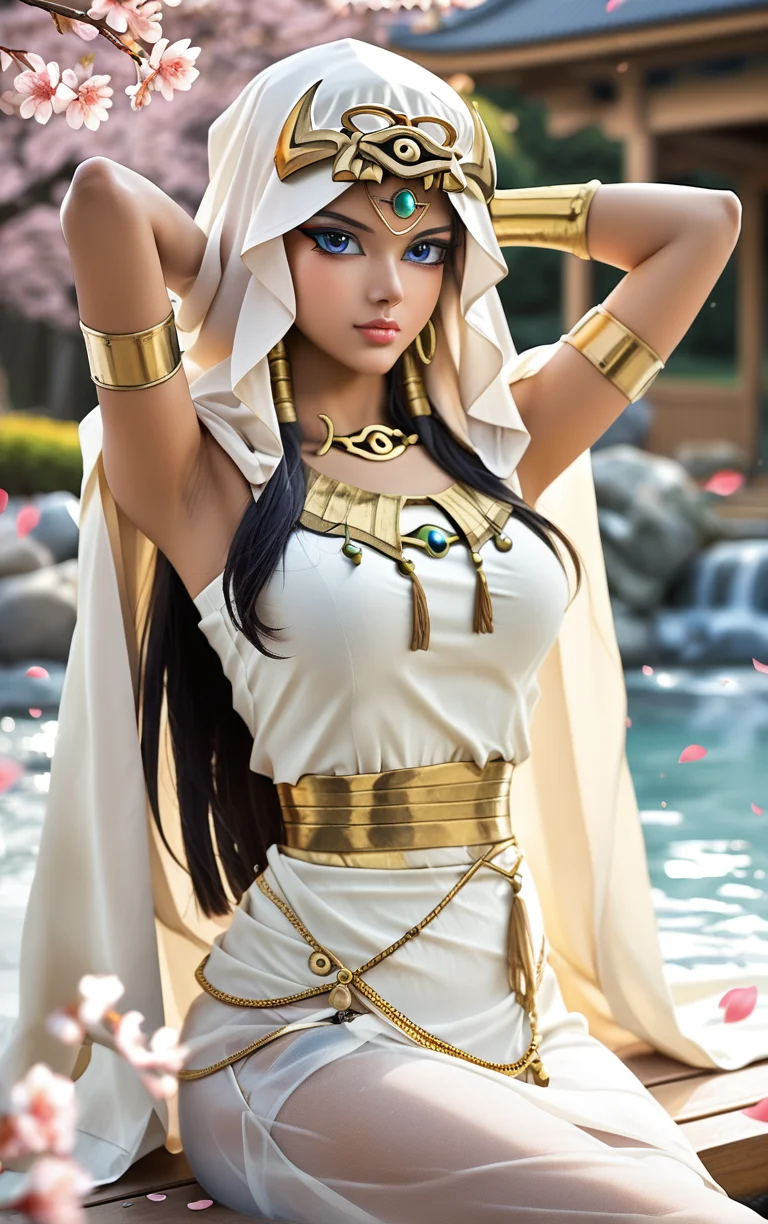 score_9, score_8_up, score_7_up, BREAK
ANIME_YuGiOh_IshizuIshtar_ownwaifu,
1girl, black hair, blue eyes, breasts, dark-skinned female, forehead jewel, hair tubes, hood, jewelry, dark skin, necklace, long hair, armlet, hood up, bracelet, collarbone, ankh, headdress, earrings, gem, bracer, circlet, lips, anklet, makeup, medium breasts,
long dress, white dress, egyptian clothes, eye of horus, gold, gold belt, cape, veil, dress, white cape, hooded cloak, belt,
(sitting, soaking feet, arms behind head), onsen, mount fuji, cherry blossoms, falling petals, spring_(season), outdoors,<lora:PONYXL_YuGiOh_IshizuIshtar_ownwaifu:0.7>, depth of field, solo,