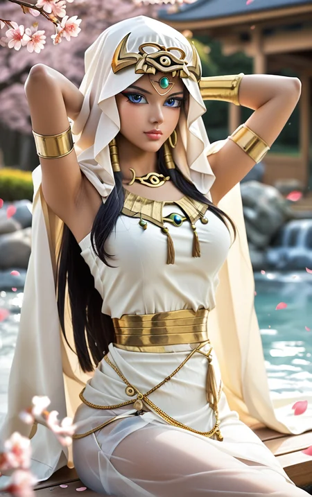 score_9, score_8_up, score_7_up, BREAK
ANIME_YuGiOh_IshizuIshtar_ownwaifu,
1girl, black hair, blue eyes, breasts, dark-skinned female, forehead jewel, hair tubes, hood, jewelry, dark skin, necklace, long hair, armlet, hood up, bracelet, collarbone, ankh, headdress, earrings, gem, bracer, circlet, lips, anklet, makeup, medium breasts,
long dress, white dress, egyptian clothes, eye of horus, gold, gold belt, cape, veil, dress, white cape, hooded cloak, belt,
(sitting, soaking feet, arms behind head), onsen, mount fuji, cherry blossoms, falling petals, spring_(season), outdoors,<lora:PONYXL_YuGiOh_IshizuIshtar_ownwaifu:0.7>, depth of field, solo,