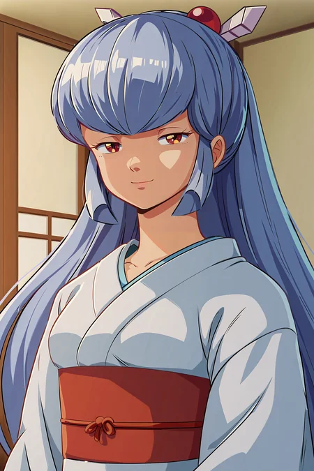 score_9, score_8_up, score_7_up, score_6_up, BREAK, OyukiUYXL, red eyes, blue hair, long hair, bangs, sidelocks, hair ornament, small breasts, white kimono, red sash, solo, mature female, front view, (portrait, upper body), solo focus, seductive smile, looking at viewer, indoors <lora:OyukiUYXL:1>