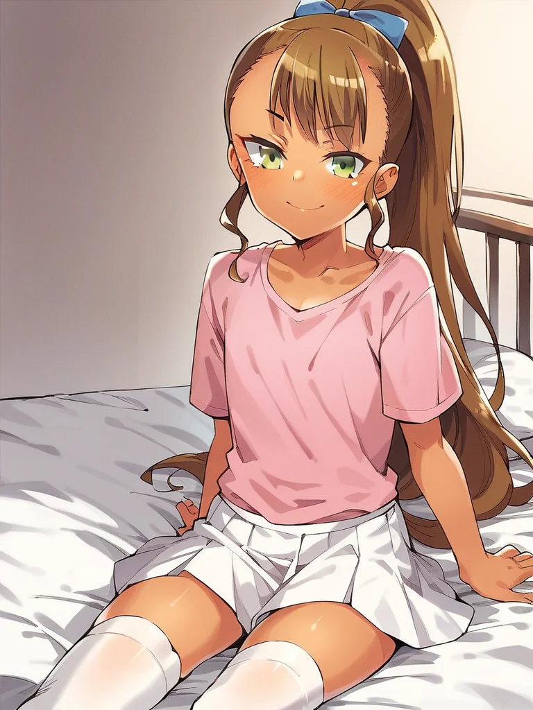 score_9, score_8_up, score_7_up,
1girl, juri gg, tan, one-piece tan, green eyes, brown hair, long ponytail, flat chest, hair bow,
sitting, on bed, smile, pink t-shirt, white skirt, white thighhighs, closed mouth, looking at viewerm