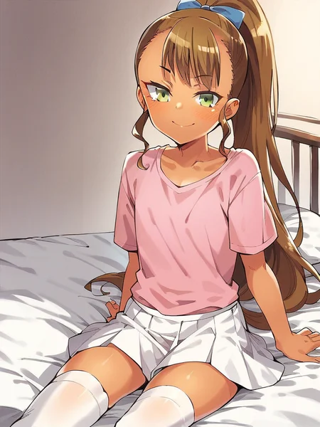 score_9, score_8_up, score_7_up,  
1girl, juri gg, tan, one-piece tan, green eyes, brown hair, long ponytail, flat chest, hair bow,

sitting, on bed, smile, pink t-shirt, white skirt, white thighhighs, closed mouth, looking at viewerm
