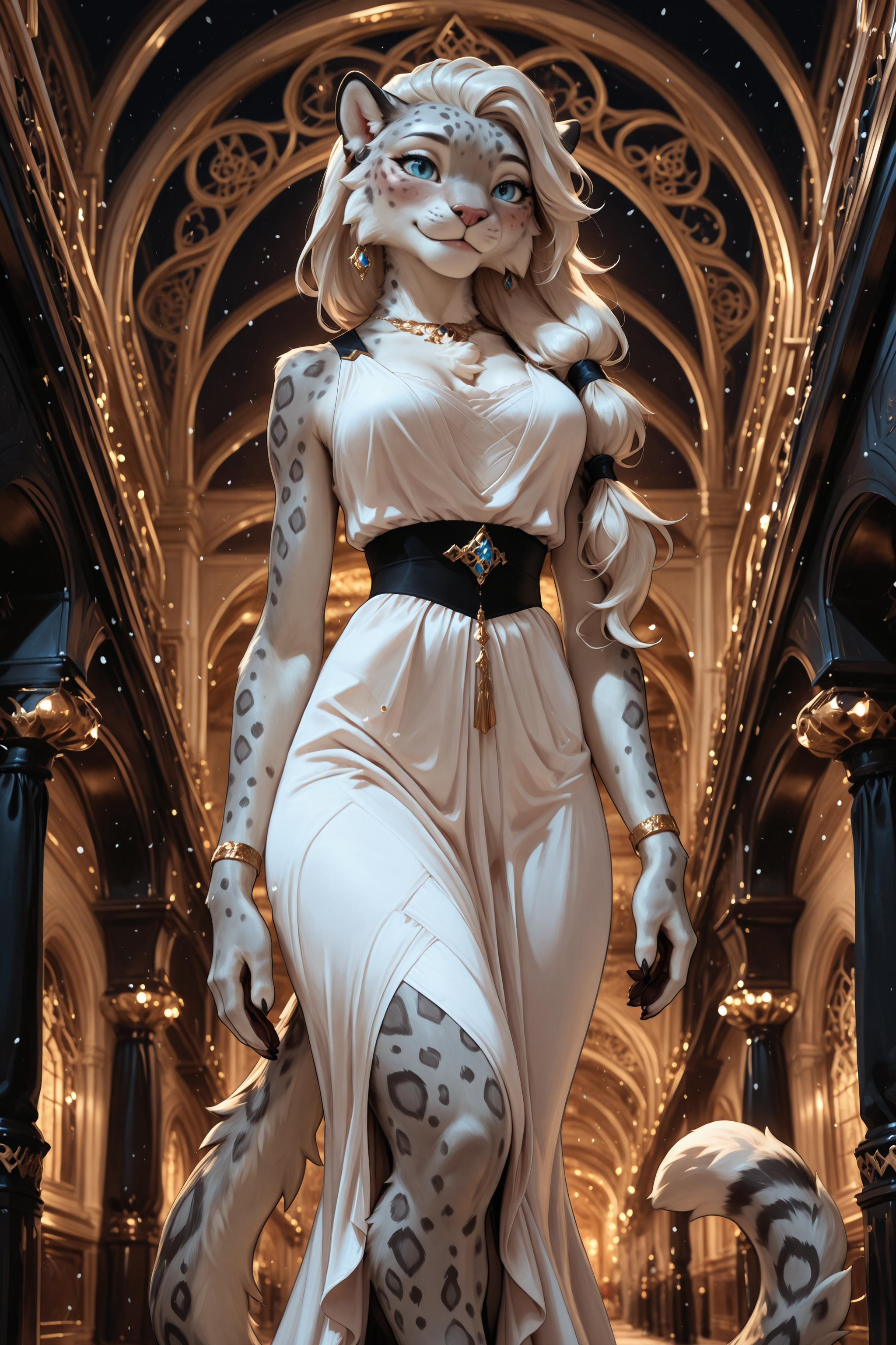 masterpiece, best quality, good quality, very ava, amazing quality, very aesthetic, high resolution, ultra-detailed, 4k, absurd res, volumetric lighting, 5n0w5k4u, photorealistic details, mature,

1girl, anthro, snow leopard, furry, fluffy, fur tuft, elegant, low-tied long hair, round ears, head tilt, blue eyes, slight smile, bedroom eyes, blush, slim waist, tail, white dress, jewelry, bracelets, elegant, walking, low-angle view, ballroom, gala, evening,