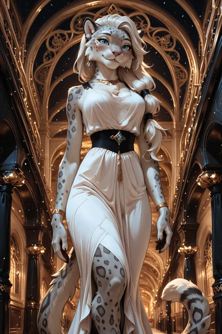 masterpiece, best quality, good quality, very ava, amazing quality, very aesthetic, high resolution, ultra-detailed, 4k, absurd res, volumetric lighting, 5n0w5k4u, photorealistic details, mature,
1girl, anthro, snow leopard, furry, fluffy, fur tuft, elegant, low-tied long hair, round ears, head tilt, blue eyes, slight smile, bedroom eyes, blush, slim waist, tail, white dress, jewelry, bracelets, elegant, walking, low-angle view, ballroom, gala, evening,