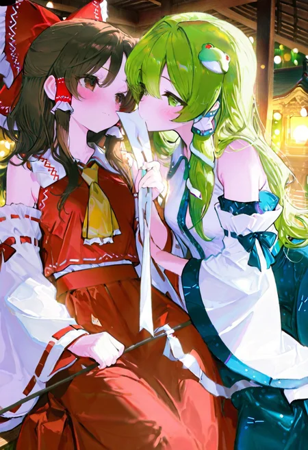 masterpiece, best quality, amazing quality, very aesthetic, absurdres, newest, volumetric lighting, female, female focus, soft light bloom, colors, dreamy environment, (bokeh effect:1.2), ,masterpiece, best quality, very awa, absurdres,usnr, yuri,couple,two girls, two shrine maidens,shrine maiden,interacting
BREAK
kochiya sanae, 1girl, green eyes, green hair, long hair,frog hair ornament, hair tubes, snake hair ornament, collared shirt, white shirt, detached sleeves, wide sleeves, blue skirt, frilled skirt,holding gohei
BREAK
hakurei reimu, 1girl, solo, brown eyes, brown hair, long hair, sidelocks, small breasts,hair bow, hair tubes, frilled bow, yellow ascot, red shirt, ribbon-trimmed detached wide sleeves, red skirt,