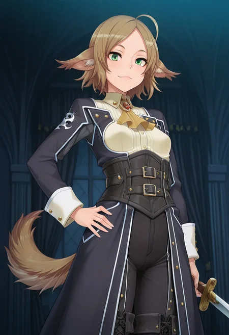 (1girl, solo) noa riads, animal ears, Green Eyes, tail, brown hair, short hair, Pretty eyes, , 1girl, solo,, brown hair,, fluffy tail, ahoge, animal ears, dog ears, small breasts, swept bangs , green eyes, animal ears, tail, , ,
Eye focus , shiny skin, shiny body, shiny hair, (best quality) , (highly detailed) ,((masterpiece)), ((best quality)), (ultra-detailed), ((extremely detailed)), (high resolution), 4K, (8K), best quality, (beautiful), (dynamic lighting), (super detailed skin), sharp focus,detailed eyes、detailed face and detailed skin detailed eyes、detailed face and detailed skin, , clear skin, shiny hair, ultra detailed eyes, depth of field, sharp, intricate details, hyperdetailed, ,
, best quality, (beautiful), (dynamic lighting) (standing, 3/4 view), perfect face, beautiful face, defined cheekbones, defined jawline, confident expression, narrow eyes, one hand on hip, perfect hands, black coat with decorative golden symbols, black leather underbust corset, black trousers, black boots, sword, sword on hip,(Pirate King), black coat with decorative golden symbols, black leather underbust corset, black trousers, black boots,
,, shindol style