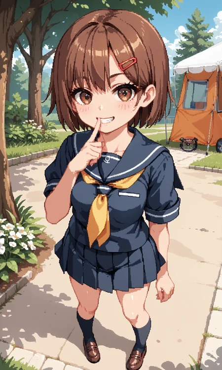 score_9, score_8_up, score_7_up, BREAK source_anime, masterpiece, anime screencap, shiny skin, official style, illustration,
8k, highres, incredibly_absurdres,
insanely detailed, anatomically correct, best perspective,
<lora:Aduare Style Pony:0.35>,
pixel art,
1girl, (Beautiful Breasts, natural breasts:1.2),
grin,
full body ,
from above ,
sharp focus, colorful,
sexy, erotic,
looking at viewer ,
shushing, finger to mouth,
standing ,
short hair, flat chest, brown eyes, hair ornament, brown hair, hairclip, bangs,
school uniform, skirt, serafuku,short sleeves,yellow neckerchief, pleated skirt, black skirt, shirt, sailor collar,
In the park, in the woods, in a tent,
<lora:Summer_Memoriesãã¾ããã¼_Doujin_OtomeHentai_Game_Art_Style:0.85>