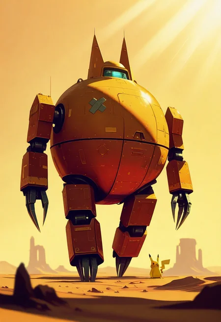 masterpiece, best quality, good quality, very aesthetic, absurdres, newest, 8K, depth of field, focused subject, no humans, a giant Pikachu in the form of a robot, walking through the desert, loaded on top of the body with all sorts of huge nomad belongings, many claws and fat legs, various shields and patches on the armored body of the robot, a very ornate and unusual design, amazing shapes, interesting art, incredible setting and technology, fantasy, Ankama_Animation, sunlight, bright, sci-fi, illustration, retro,
<lora:ck-70s-scifi-IL:1>