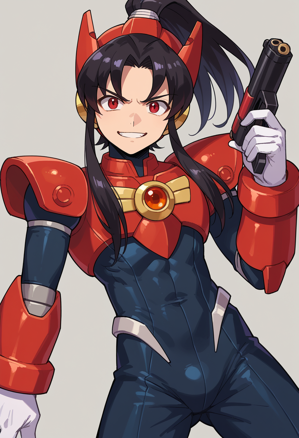score_9, score_7_up, source_anime, solo, BREAK  <lora:Reploid_v2.0:0.8> megamanreploid, android, gloves, white gloves, armor, bodysuit,  holding gun, helmet, black armor, red armor,, solo, smug smile, 
1boy, red eyes, tsurime, black hair, parted bangs, hair intakes, ponytail, short hair with long locks, very long bangs,