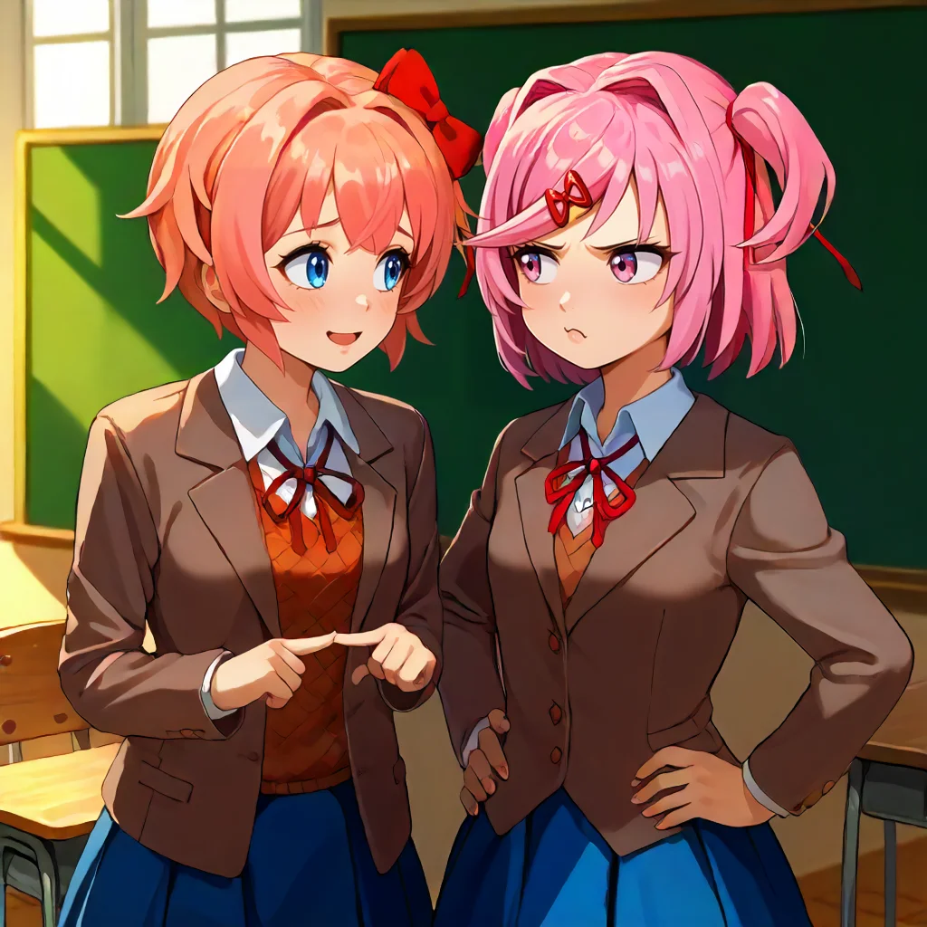 score_9, score_6_up, source_anime, classroom, 2girls, cowboy shot, blazer, neck ribbon, collared shirt, blue skirt, <lora:ddlc_sdxl_pony:0.5>
BREAK sayori, blue eyes, short hair, red bow, looking to the left, index fingers together, shy, smile, [[open mouth]], open clothes, <lora:pose_indexfingerstogether_ponyXL:1>
BREAK natsuki, pink hair, short hair, pink eyes, two side up, x hair ornament, looking away, pout, hands on hips,