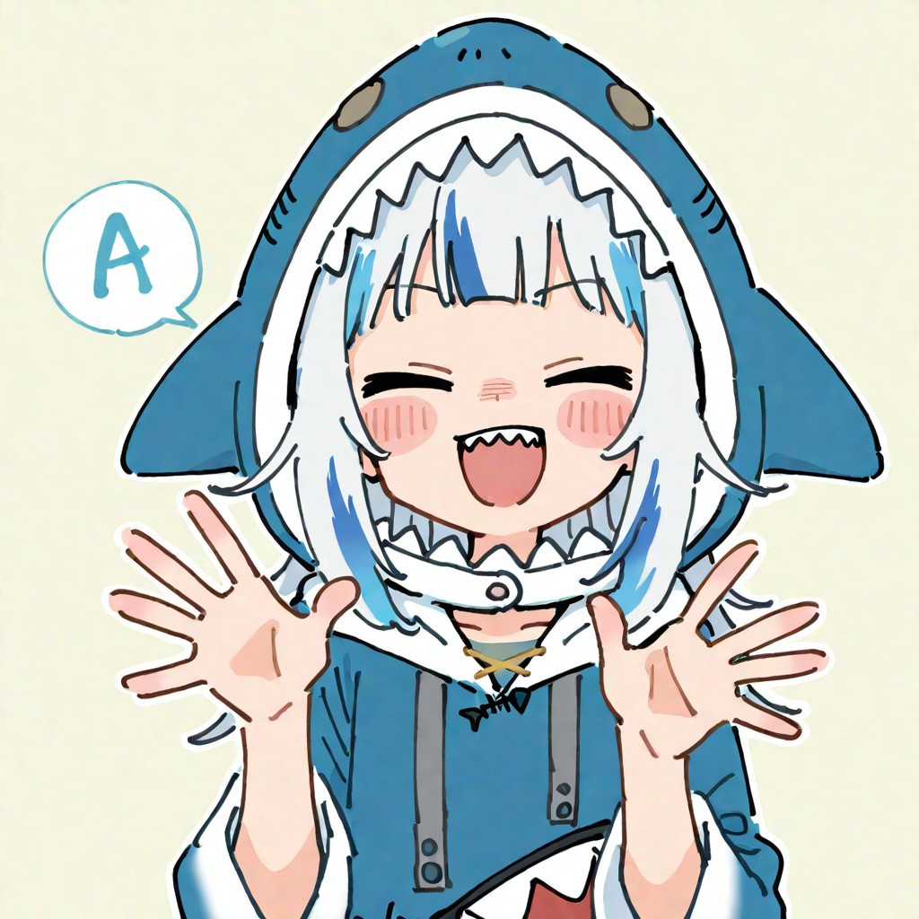 masterpiece, best quality, good quality, very awa, firedotinc, 1girl, solo, gawr gura, virtual youtuber, gawr gura (1st costume), shark hood, hood up, peeking, :d, speech bubble, a (phrase), spoken letter, meme, fourth wall, hands up, white outline, thick outlines, smile, blush, simple background, heisei retro, yume kawaii, pastel colors, <lora:ai_styles_collection_noob_vpred-1.0-v4.02:1>
