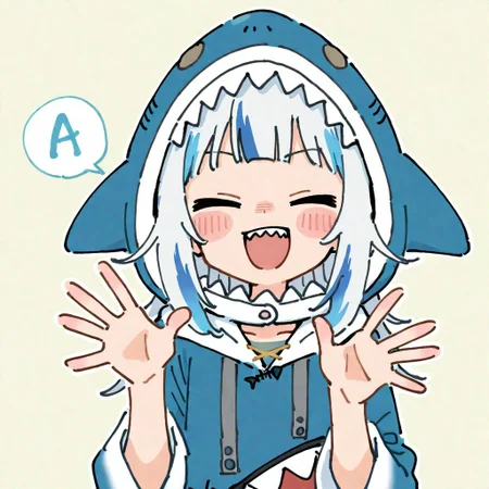masterpiece, best quality, good quality, very awa, firedotinc, 1girl, solo, gawr gura, virtual youtuber, gawr gura (1st costume), shark hood, hood up, peeking, :d, speech bubble, a (phrase), spoken letter, meme, fourth wall, hands up, white outline, thick outlines, smile, blush, simple background, heisei retro, yume kawaii, pastel colors, <lora:ai_styles_collection_noob_vpred-1.0-v4.02:1>