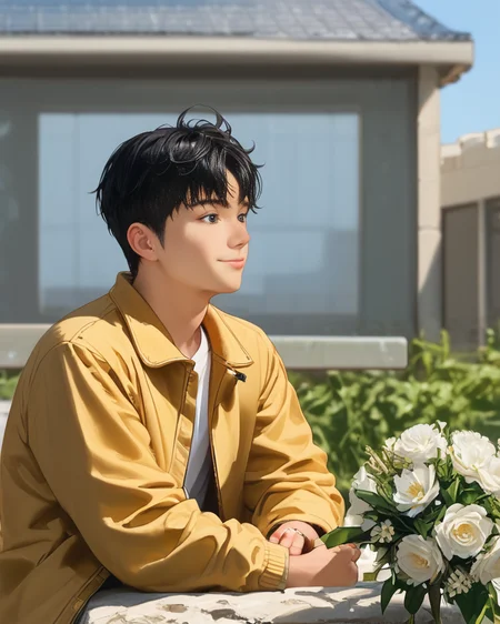 score_9, score_8_up, score_7_up, Korean, <lora:Expressive_H:1>, ((handsome young cute man:1.2, light skin)), ((21yo)),(focus male, solo:1.1), masterpiece, best quality,
The image features a young man sitting on the edge of a rock with a relaxed posture. He is dressed in a casual outfit that consists of beige trousers and a matching beige jacket. Underneath the jacket, a white t-shirt is visible. The man is holding a small bouquet of flowers, which he seems to be presenting or offering.
BREAK, He is smiling and looking directly towards the camera, conveying a sense of joy or anticipation. The man has short, dark hair and appears to be in his late teens or early twenties. The background of the image is out of focus but suggests an outdoor setting with architectural features like a building and a structure with a corrugated metal roof.
BREAK, The style of the image is candid and appears to be a lifestyle or fashion photograph, with shallow depth of field that keeps the person in sharp focus while the background fades into soft colors. The lighting is bright and even, suggesting a sunny day. There are no texts visible in the image.
<lora:tae_dong-000017:1>, tae_dong