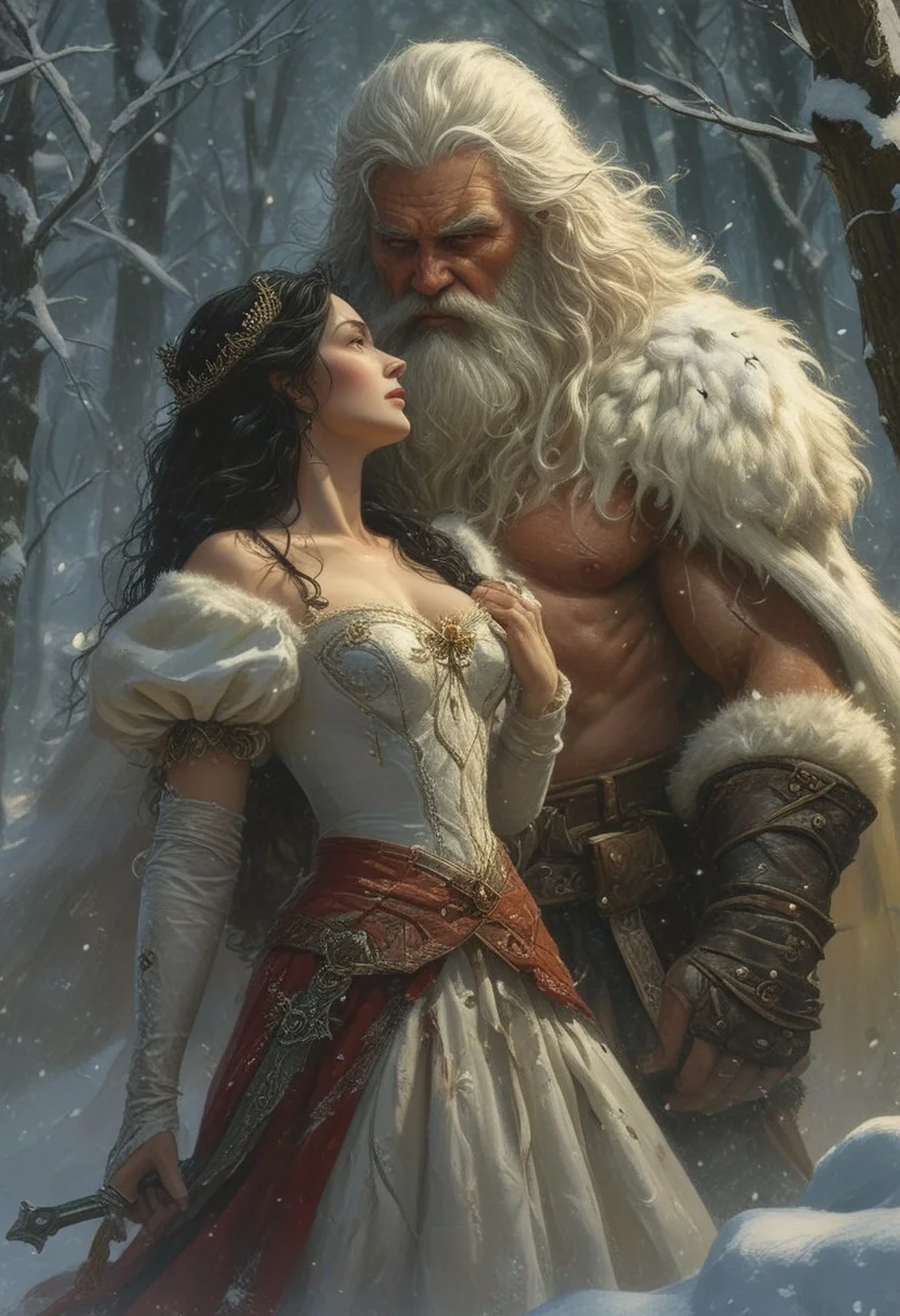 Well-lit Visually-stunning sexy extreme-close-up Hyper-realistic crisply-detailed faces couple's lovers tryst historical, 4'11" Snow White queen wearing gorgeous intricately-detailed ballgown embraced by the 7' massive giant King, he is much larger and taller than her, size-difference, height-difference, realistic, ((masterpiece)), ((best quality)), (detailed), intimate, cinematic, dynamic lighting, soft shadow, epic detailed outdoor winter background, professional photography, depth of field, intricate, detailed faces, subsurface scattering, realistic hair, realistic eyes, intense piercing stare, muscular, manly, scruffy, gritty, full-bearded, hairy-chested, photo of one extremely-tall handsome giant-man lumberjack powerful fierce male warrior towering over & surrounding one black-haired petite-woman tiny short delicate helpless enraptured princess Snow White, who only comes to his navel, he is hugging her close, & they are looking at eachother, & she is enraptured, orgasmic, fantasy, shiny reflective metal, dynamic pose, holding weapon, black hair, action shot, great lighting, JuggernautNegative, action shot, NEG-fixl-2, musclebears, FLUX.1 cinematic style & lighting, (film grain), ultrarealistic 4k, movie-level texture, hand-painted details, epic, meticulous, perfect composition, dynamic play of light, rich colors, epic shot, perfectly quality, natural textures & colors, correct white balance, color correction, dehaze, intricate, Style-Interact, Style-Grabby, hetero