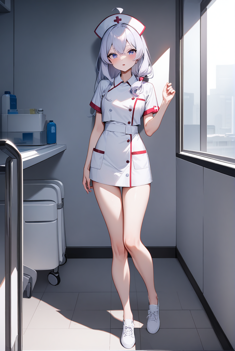 nurse, mm-elaina, ahoge, 1girl, solo, skinny, masterpiece, absurdres, high quality, highres, best quality, (full body:1.20), recent <lora:mm-elaina-V02-000003:0.9>