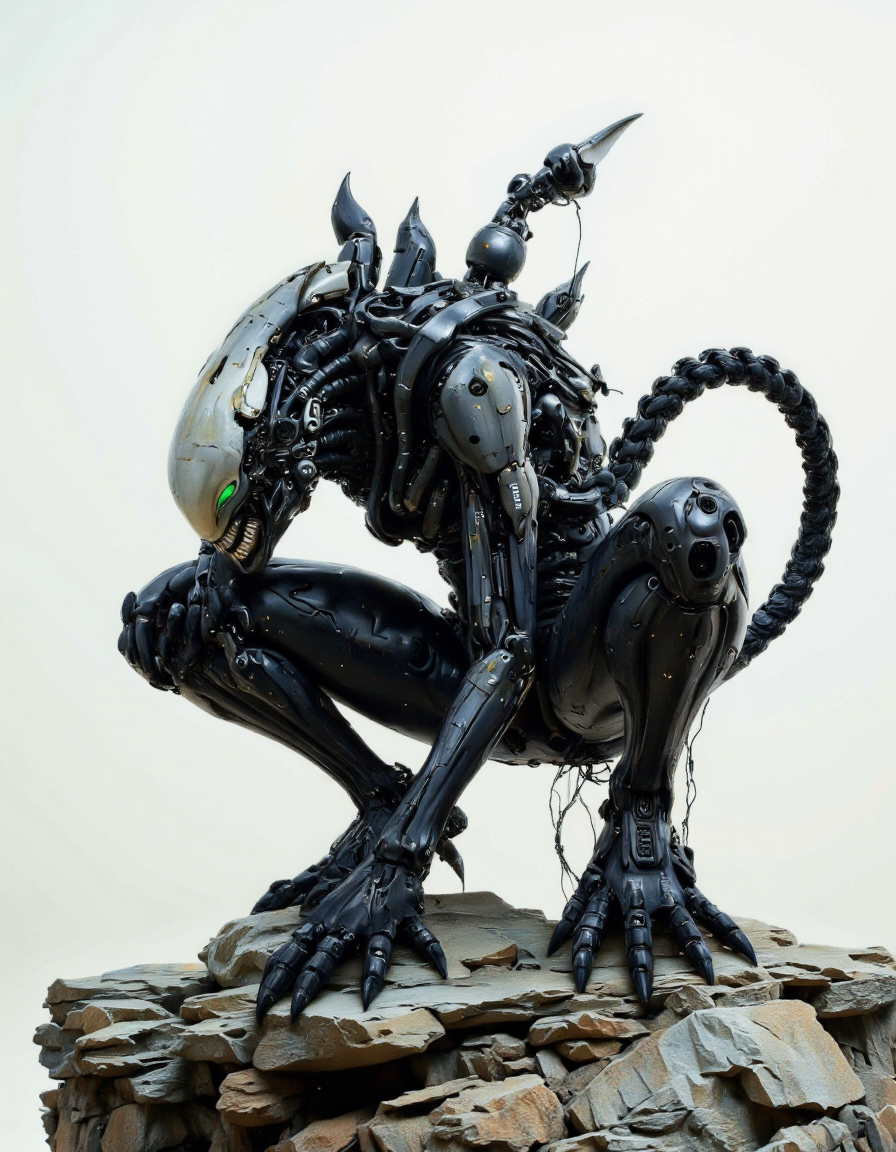 SentinelBot. A This image is a highly detailed CGI rendering of a futuristic, biomechanical creature resembling the Xenomorph from the "Alien" franchise, but with a sleek, modern design. The creature is crouched on a jagged, rocky outcrop, with its body contorted into a menacing, aggressive posture. Its head is elongated, smooth, and featureless, with a glossy, metallic sheen. The creature's eyes are bright green, with a sinister glow, and its mouth is open, revealing sharp, serrated teeth. The body is predominantly black, with a mix of metallic and organic textures, giving it a high-tech yet alien appearance. The creature's limbs are jointed and segmented, with intricate, mechanical details visible in the joints and exoskeleton. The creature's tail is long and coiled, ending in a sharp, clawed tip. The background is a stark, gradient white, emphasizing the creature's dark, menacing form. The overall style is hyper-realistic, with a focus on intricate detail and a sense of depth and texture. The lighting is soft and even, casting subtle shadows that enhance the creature's form. The image is a striking and eerie representation of advanced biomechanical design. <lora:The_Vanguard:1.15>