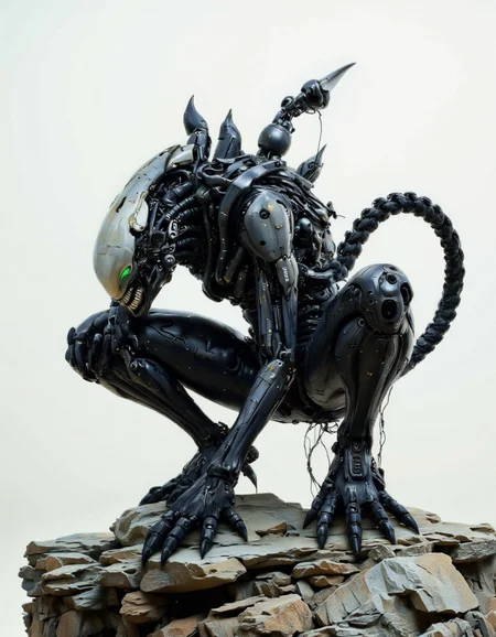 SentinelBot. A This image is a highly detailed CGI rendering of a futuristic, biomechanical creature resembling the Xenomorph from the "Alien" franchise, but with a sleek, modern design. The creature is crouched on a jagged, rocky outcrop, with its body contorted into a menacing, aggressive posture. Its head is elongated, smooth, and featureless, with a glossy, metallic sheen. The creature's eyes are bright green, with a sinister glow, and its mouth is open, revealing sharp, serrated teeth. The body is predominantly black, with a mix of metallic and organic textures, giving it a high-tech yet alien appearance. The creature's limbs are jointed and segmented, with intricate, mechanical details visible in the joints and exoskeleton. The creature's tail is long and coiled, ending in a sharp, clawed tip. The background is a stark, gradient white, emphasizing the creature's dark, menacing form. The overall style is hyper-realistic, with a focus on intricate detail and a sense of depth and texture. The lighting is soft and even, casting subtle shadows that enhance the creature's form. The image is a striking and eerie representation of advanced biomechanical design. <lora:The_Vanguard:1.15>