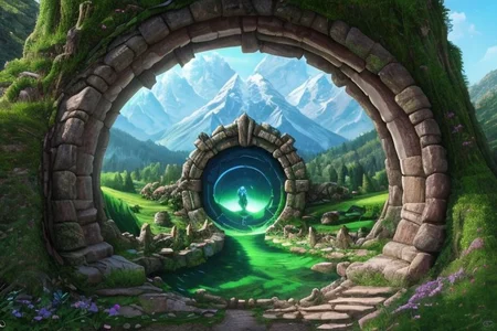 Hyperrealistic art, fanmou, lush green wooded mountain pass landscape, a fantasy Circular portal made of crystalz, Circular gate (Circular portal:1.3), fantasy, Nether Portal, portal, stargate, gateway, blue sky, Extremely high-resolution details, photographic, realism pushed to extreme, fine texture, incredibly lifelike,