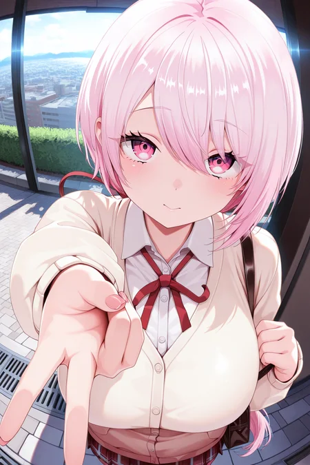 1girl, ShiinaYuikaNijisanji,
general, solo, dynamic angle, from above,
pink hair, hair between eyes, eyelashes, pink eyes,
ponytail, huge breasts,
cardigan, collared shirt, neck ribbon,
dating, looking at viewer, glin, gyaru v, fisheye lens,
<lora:kp_ShiinaYuikaNijisanji1stCostumeIllustrious_v1_0:1.0>,
masterpiece, best quality, amazing quality