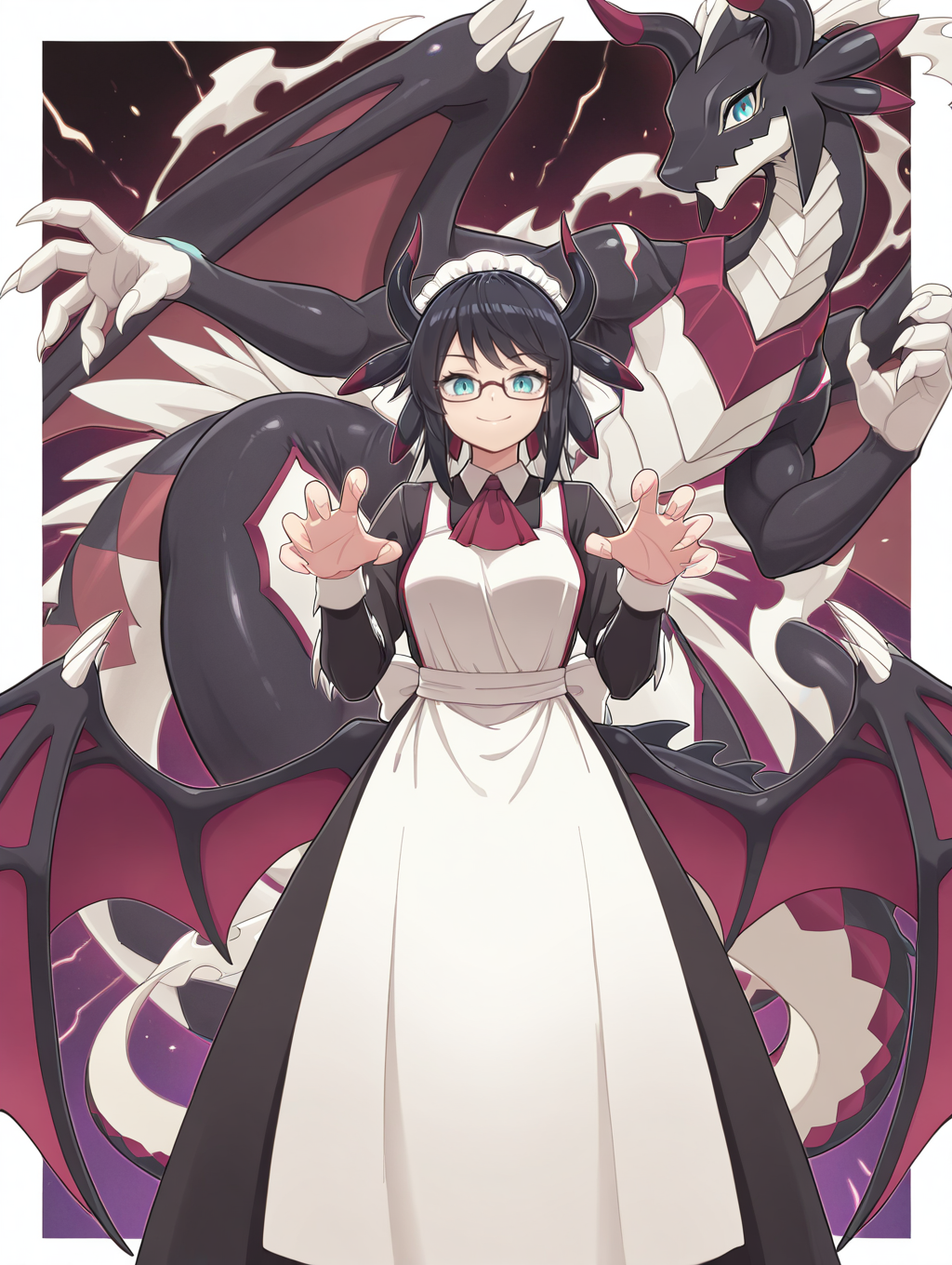 dragon girl, house dragonmaid, 1girl, black under-rim eyewear, smile, looking at viewer, claws, red ascot, black maid dress, low dragon wings, dragon hands, white mob cap, transformation, dragonmaid sheou, 1other, black dragon, white border,
masterpiece,best quality,amazing quality,very aesthetic,absurdres,newest,<lora:House dragonmaid illuXL v1:0.75>,